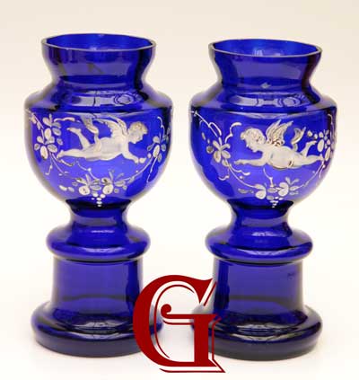 COBALT BLUE MARY GREGORY STYLE GLASS PAIR OF VASES WITH CHERUBS